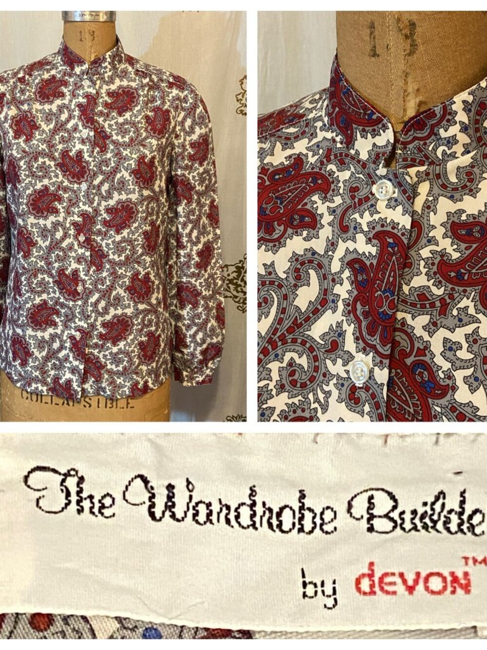 Vintage 60s 70s DEVON Gray Paisley Mod Polyester Shirt Blouse Top M Secretary